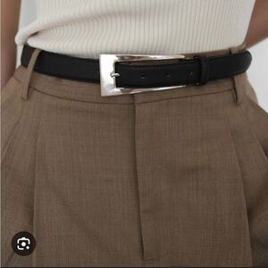 AUREUM Black Leather Belt with Silver-Tone Geometric Buckle